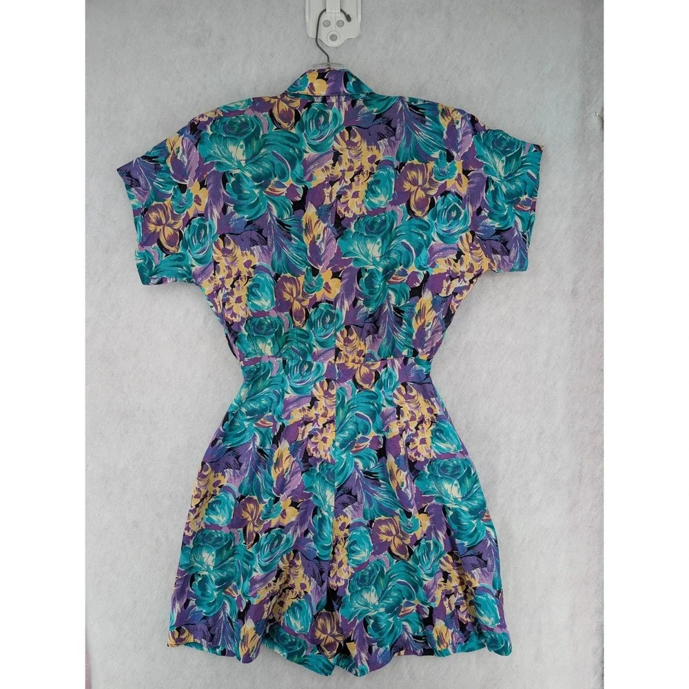 2 VTG Rompers 80s Floral Rayon Belted Fit Flare Pink Blue 7/8 Dolman Sleeve Bold